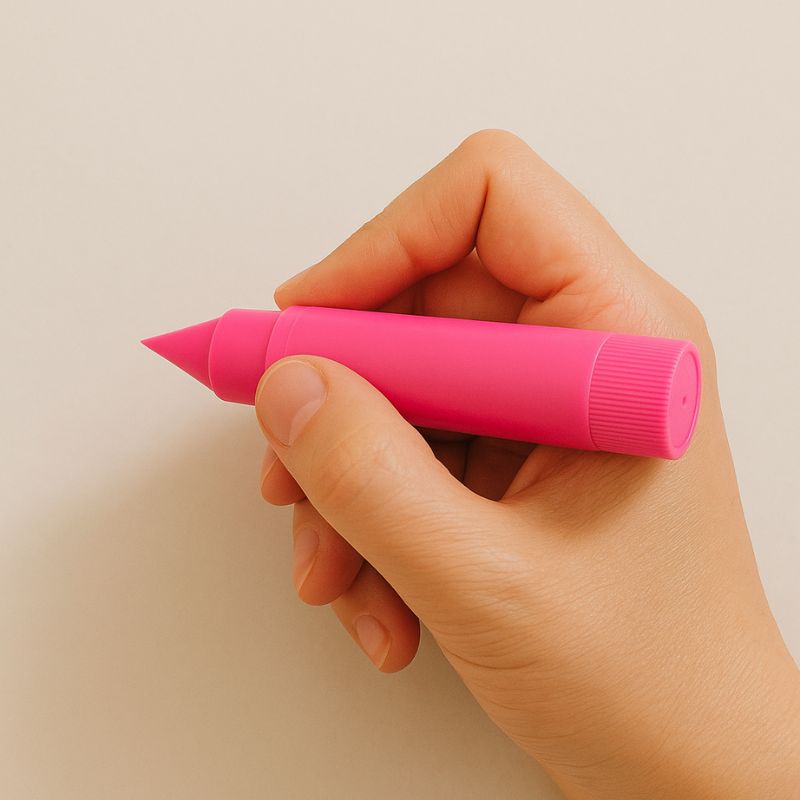 Coffret Bougie à Décorer Ami Fidèle, une personne est en train de tenir un feutre rose dans sa main. Fond beige clair.