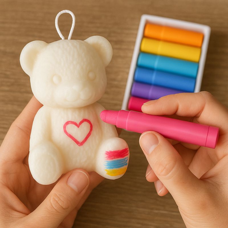 Coffret Bougie à Décorer Mission Câlin, une personne dessine sur la bougie blanche avec des feutres en cire. Fond en bois.