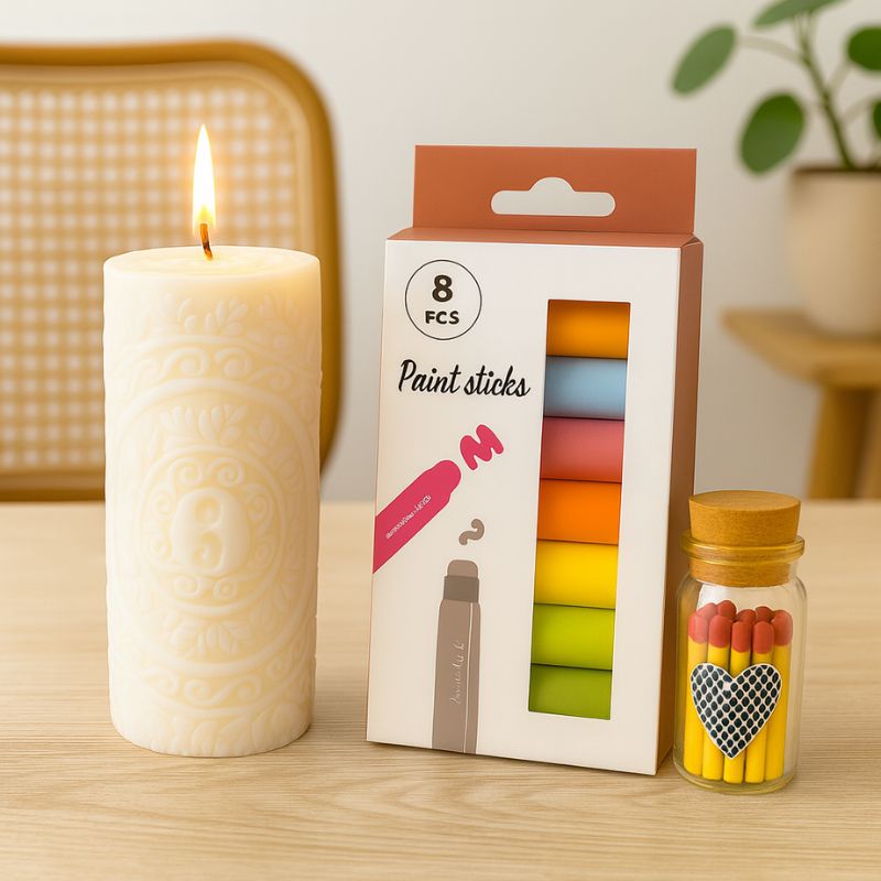 Coffret Bougie à Décorer Pilier Sculpté, la bougie blanche est allumée et posée sur la table en bois avec les feutres et les allumettes. Ambiance scandinave.
