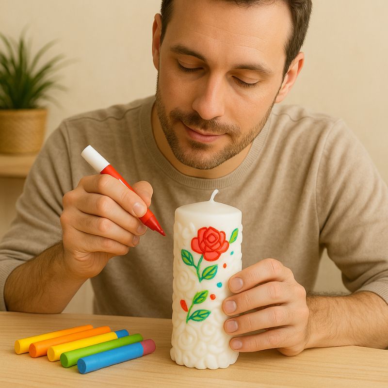 Coffret Bougie à Décorer Poésie de Cire, un homme est en train de peindre sur la bougie pilier blanche avec des feutres en cire. Ambiance zen.