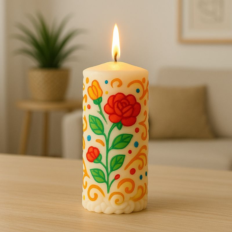 Coffret Bougie à Décorer Poésie de Cire, représentation de la bougie décoré et allumée. Ambiance scandinave.