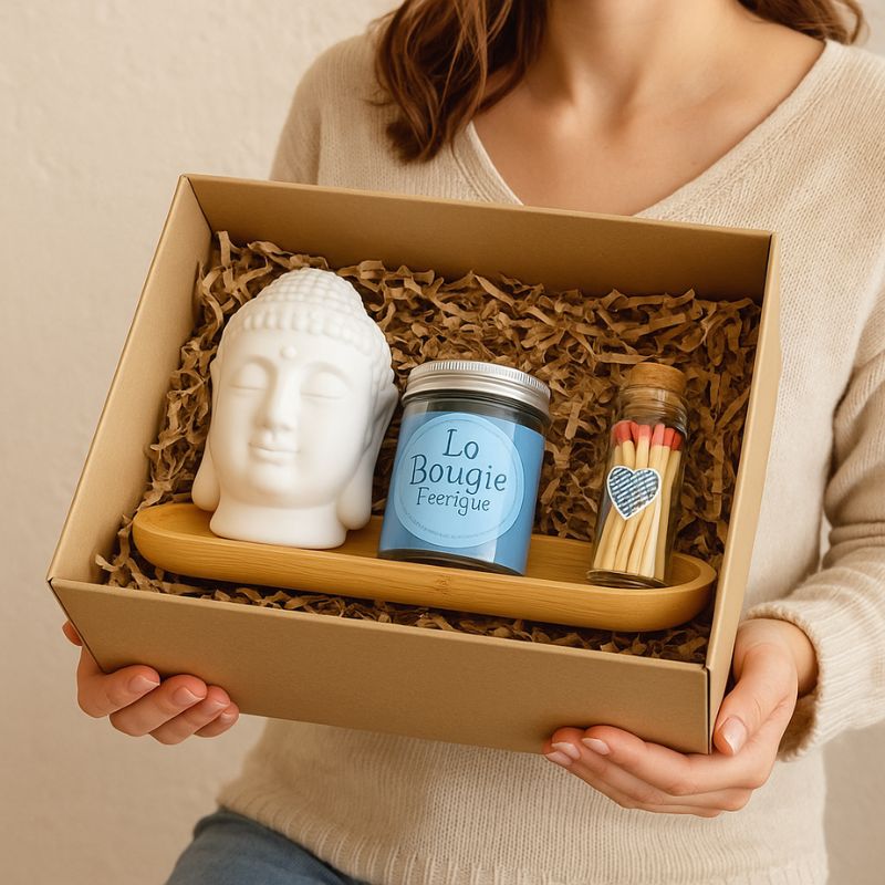 Coffret Bougie Douceur Scandinave, représenté dans un coffret cadeau et une personne qui tient ce coffret dans ces mains.