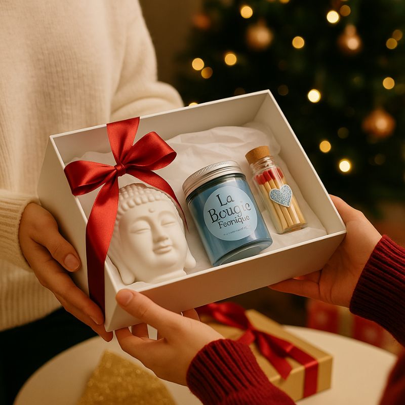 Coffret Bougie Douceur Scandinave, deux personnes s'offrent le coffret-cadeau, avec le brûleur, le plateau en bois, le fondant parfumé et les allumettes. Dans une ambiance festive.
