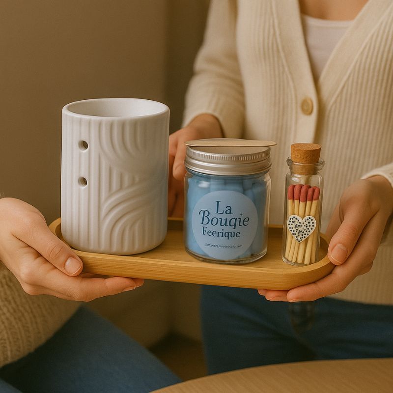 Coffret Bougie Évasion Parfumée, 2 personnes s'offrent le coffret avec un bruleur, un fondant, et un plateau en bois qui le compose. Dans une ambiance festive.