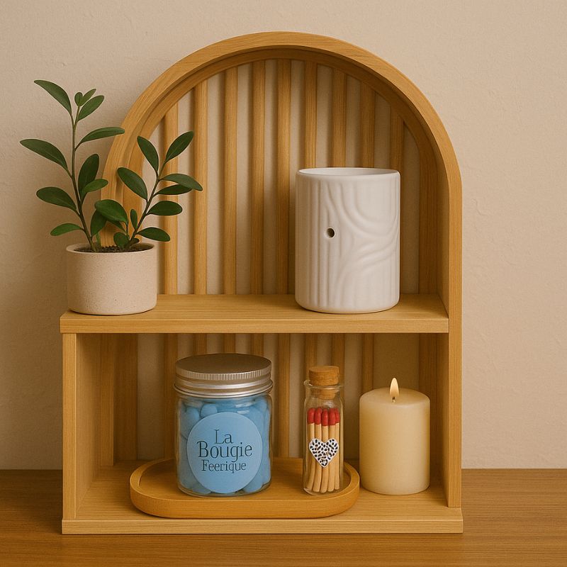 Coffret Bougie Évasion Parfumée, mise en valeur sur une étagère en bois avec une fleur artificielle à côté.