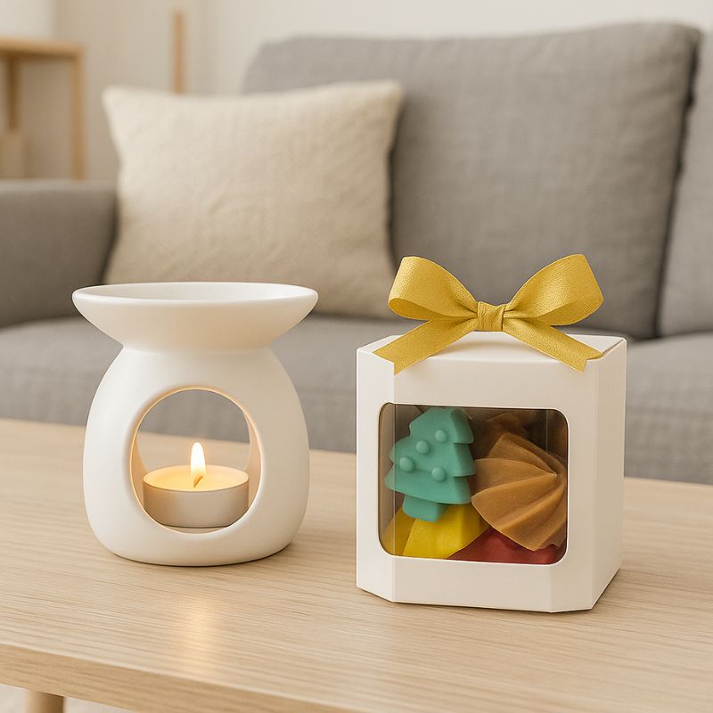 Coffret Bougie Fondant Parfumé Ambiance de Noël, le coffret est posé sur une table basse avec un brûleur parfumé à côté et dans une ambiance scandinave.