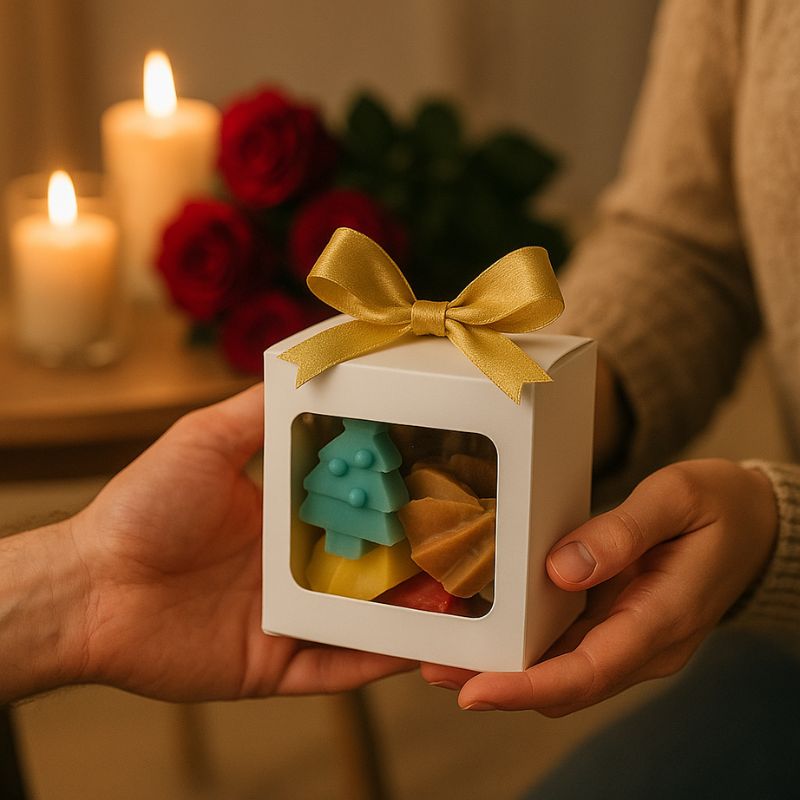 Coffret Bougie Fondant Parfumé Ambiance de Noël, deux personnes s'offrent le coffret cadeau et dans une ambiance romantique.