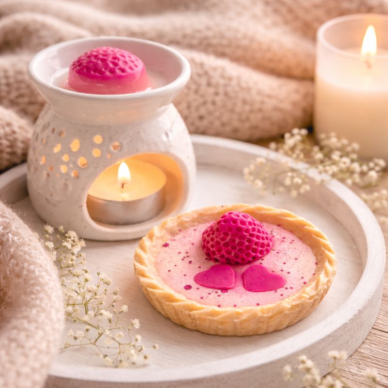 Fondant Parfumé Tartelette Fraise Gourmande posé sur un plateau en bois avec brûle-parfum blanc allumé, ambiance cocooning et décoration chaleureuse.