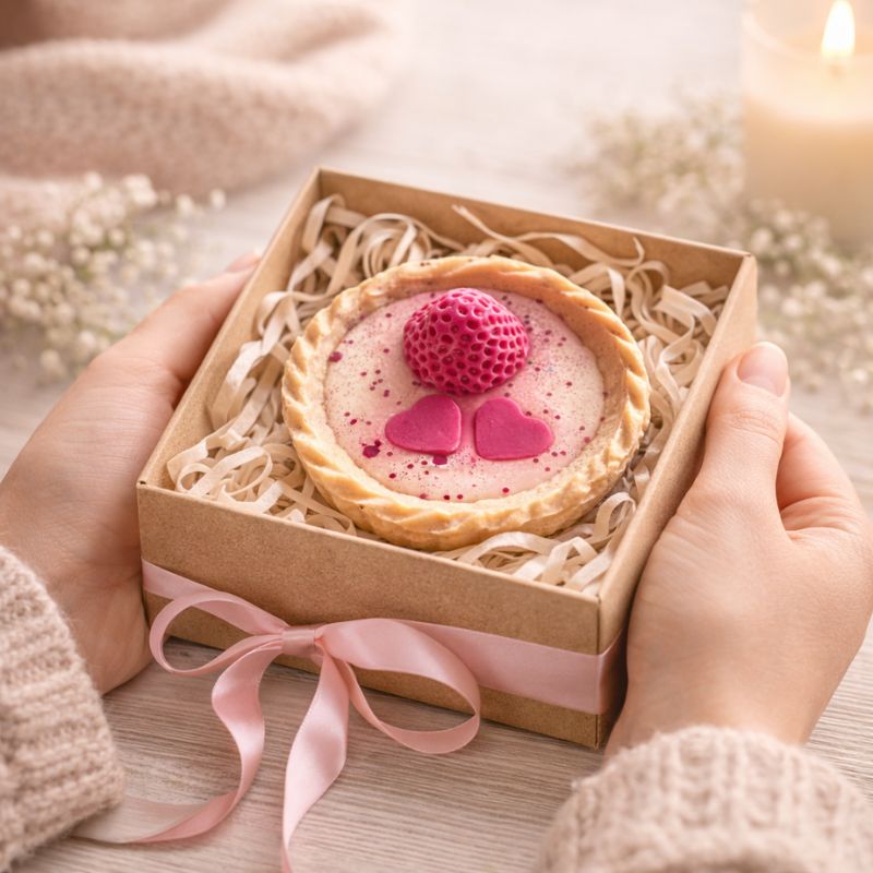 Fondant Parfumé Tartelette Fraise Gourmande présenté dans un coffret cadeau kraft avec ruban rose, tenu entre les mains, ambiance douce et chaleureuse.