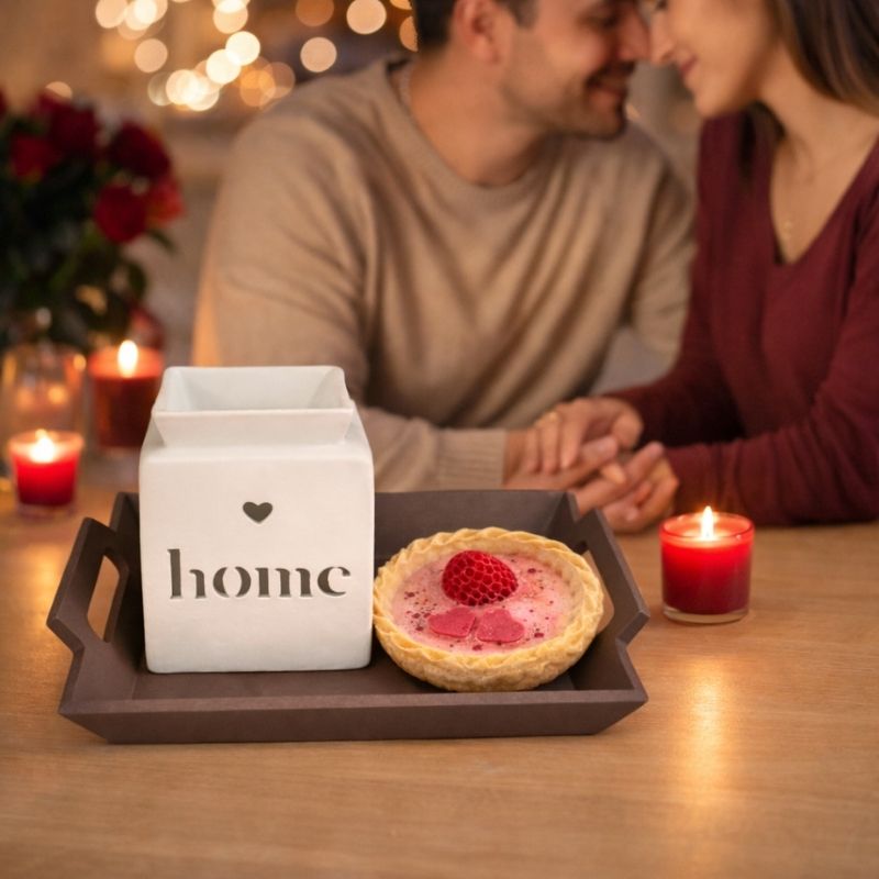 Coffret Bougie Love brûle-parfum Home blanc et fondant parfumé tartelette fraise, ambiance romantique.