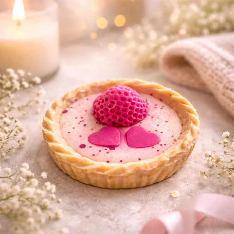 Fondant Parfumé Tartelette Fraise Gourmande en mise en situation cocooning, avec bougie allumée et fleurs séchées, ambiance chaleureuse et cosy.