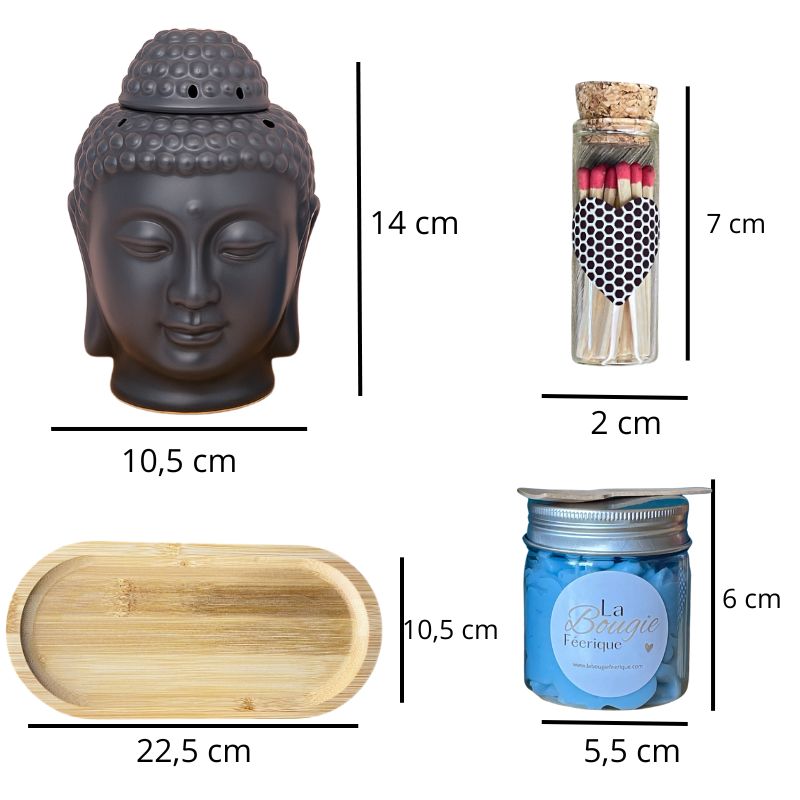 Coffret Bougie Magie des Senteurs, avec toutes les dimensions du brûleur, allumettes, plateau, fondant et sur fond blanc.