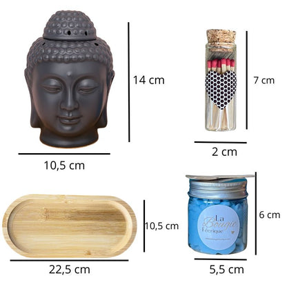 Coffret Bougie Magie des Senteurs, avec toutes les dimensions du brûleur, allumettes, plateau, fondant et sur fond blanc.