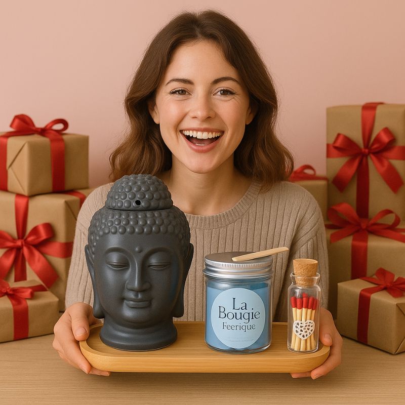Coffret Bougie Magie des Senteurs, une personne tient le plateau avec le brûleur et le fondant dessus, il y a pleins de cadeaux derrière elle.
