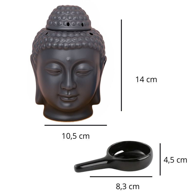 Coffret Bougie Magie des Senteurs, rappel dimensions du brûleur avec sa petite coupelle où on met la bougie chauffe plat. Sur fond blanc.