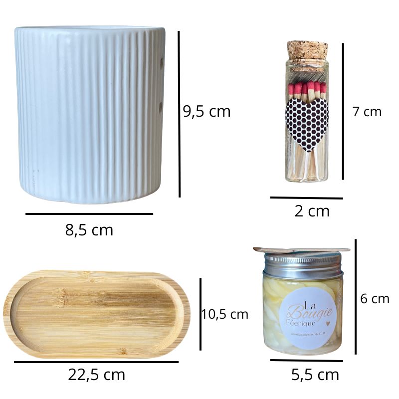 Coffret Bougie Rituel Féérique, chaque élément du coffret-cadeau est représenté avec ses dimensions et sur fond blanc.