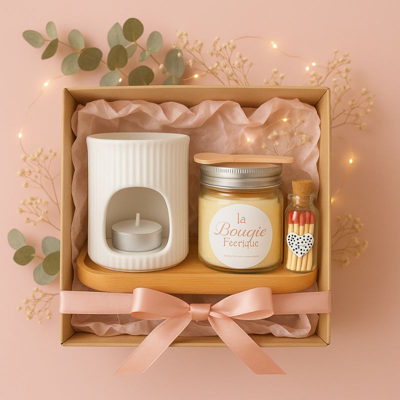 Coffret Bougie Rituel Féérique, avec un bruleur, un fondant parfumé et son plateau dans un coffret cadeau élégant et chic. Sur fond rose poudré.