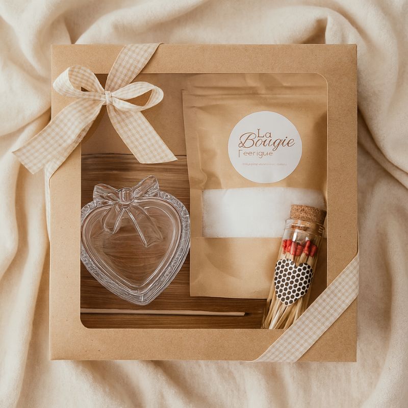 Coffret Bougies Perles Rituel Cocooning, le contenant, le plateau et les allumettes disposés dans un coffret-cadeau.