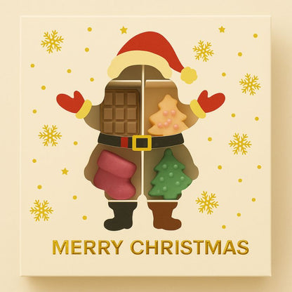 Coffret Édition Limitée Fondant de Fête, la boite est en forme de père Noël et sur fond beige clair.