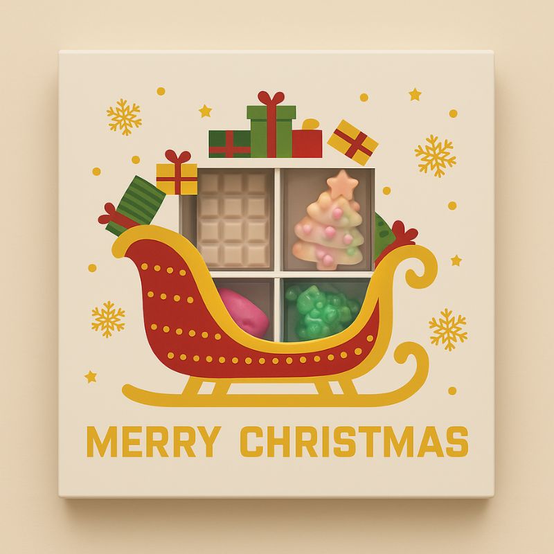 Coffret Édition Limitée Fondant de Fête, la boite est en forme de traîneau et sur fond beige clair.