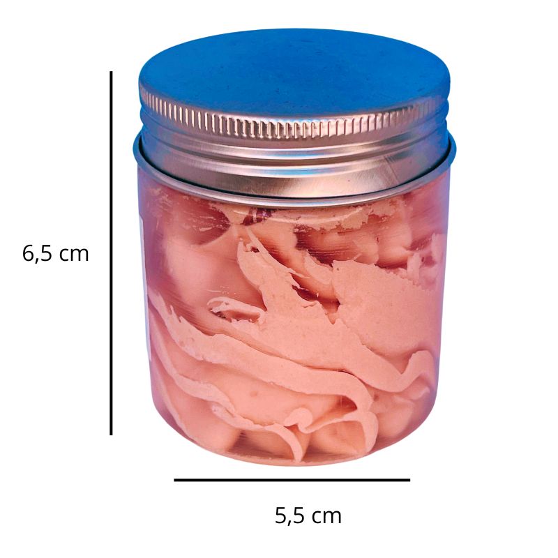 Fondant Parfumé Tentation de Fraise, de couleur rose, avec ses dimensions et sur fond blanc.