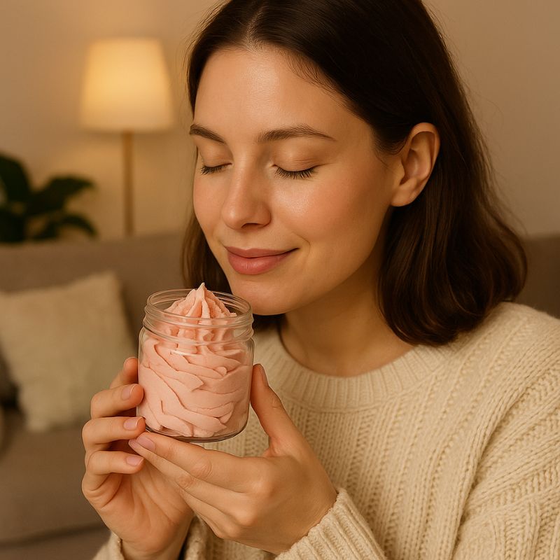 Fondant Parfumé Tentation de Fraise, de couleur rose et de parfum fraise, une femme est en train de sentir le fondant. Dans une ambiance cocooning.