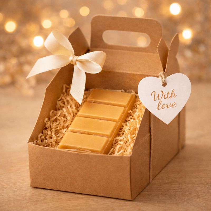 Fondant Parfumé Bière Artisanale Snapbar dans coffret cadeau avec ruban et étiquette with love ambiance chaleureuse.