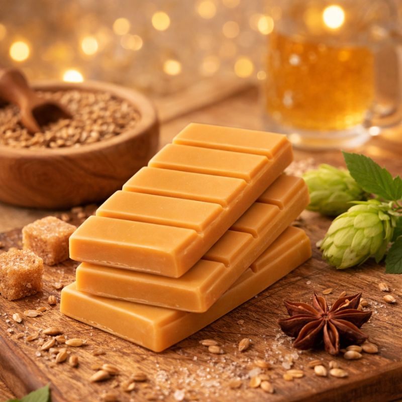 Fondant Parfumé Bière Artisanale Snapbar empilé avec houblon grains et verre de bière ambiance chaleureuse gourmande.