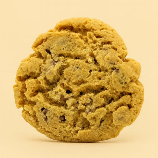 Fondant Parfumé Biscuit Cookie, en forme de cookie et au parfum rocher praliné, sur fond beige clair.