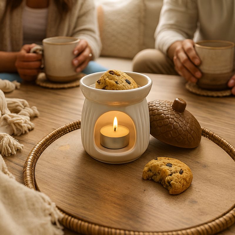 Fondant Parfumé Biscuit Cookie, disposé dans un brûleur allumé avec une bougie chauffe plat, posé sur un plateau en bois, avec des personnes en train de prendre le thé.