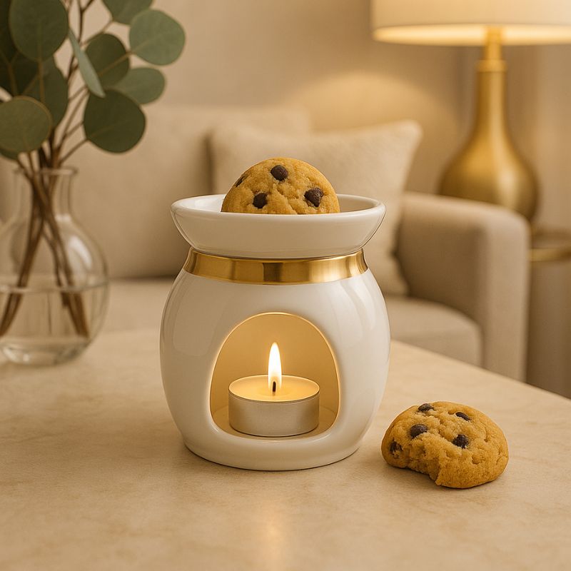 Fondant Parfumé Biscuit Cookie, disposé dans un brule parfum allumé, il y a un fondant parfumé en forme de cookie posé à côté du brûleur, le tout posé sur une table blanche et dans une ambiance zen.