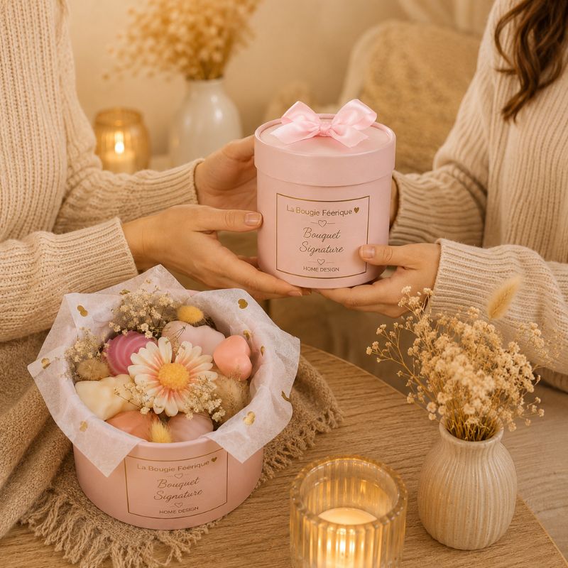 Fondant Parfumé Bouquet Signature présenté comme idée cadeau avec boîte élégante et composition florale.