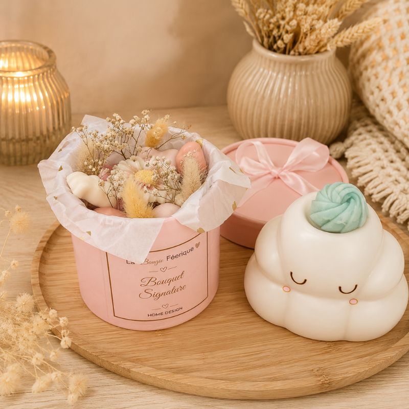 Fondant Parfumé Bouquet Signature en coffret avec brûle parfum en forme de nuage et pour une ambiance douce et relaxante.