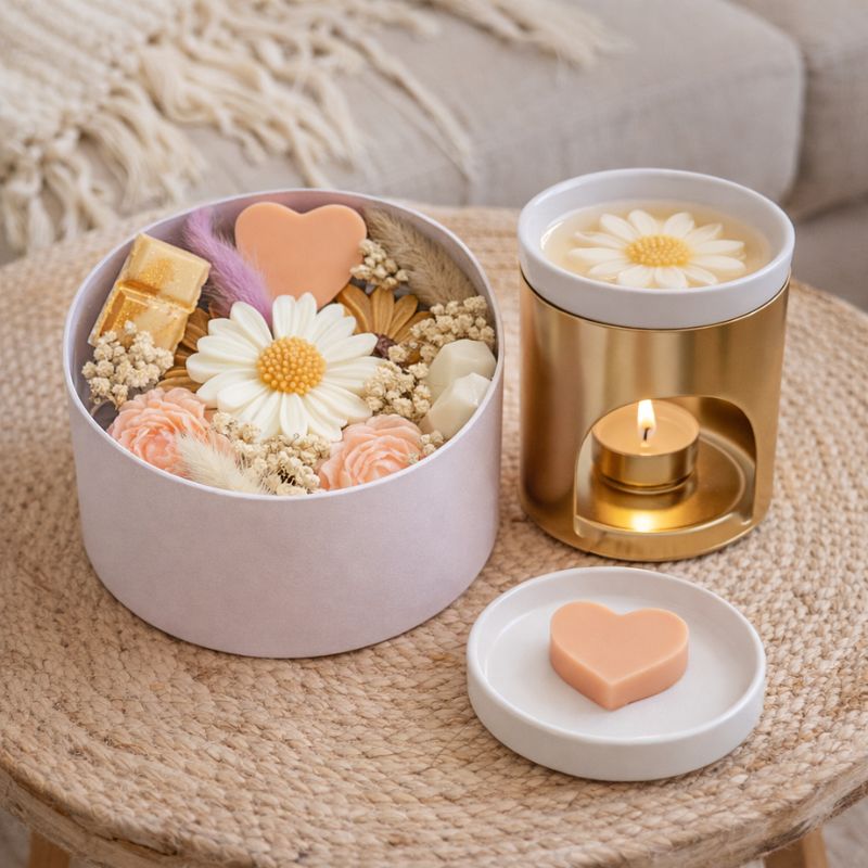 Fondant Parfumé Bouquet Signature en coffret avec brûle parfum doré en fonctionnement pour une ambiance douce et relaxante.