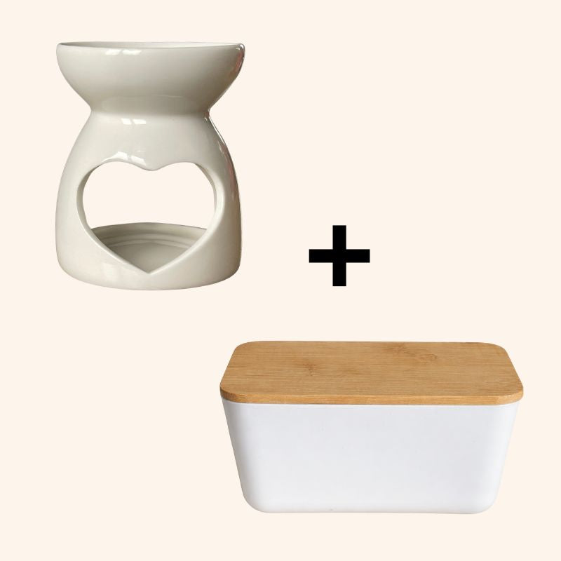 Fondant Parfumé Box Surprise, combo box blanche + Brûleur parfumé blanc et sur fond beige clair.