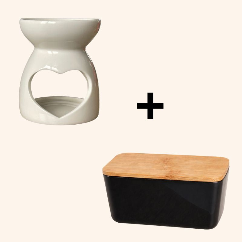 Fondant Parfumé Box Surprise, combo box noire brûleur parfumé blanc et sur fond beige clair.