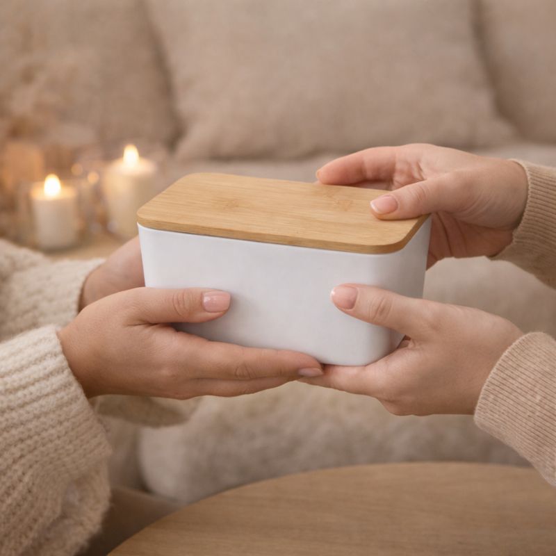 Fondant Parfumé Box Surprise, deux personnes s'offrent la box avec les fondants parfumés et dans une ambiance bohème.