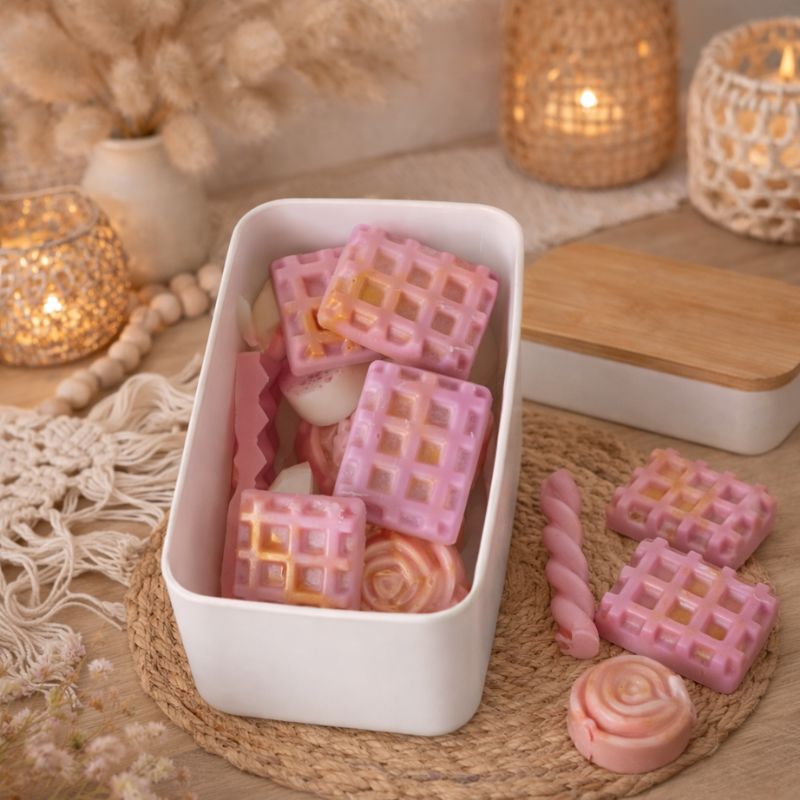 Fondant Parfumé Box Surprise, la box est ouverte et on peut voir les fondants parfumés à l’intérieur. Dans une ambiance scandinave.
