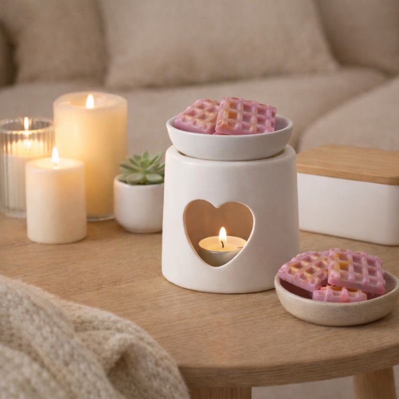 Fondant Parfumé Box Surprise, sur une table en bois est posé un brûle parfum des  fondants parfumés, il y a aussi des bougie allumées. Ambiance cocooning.