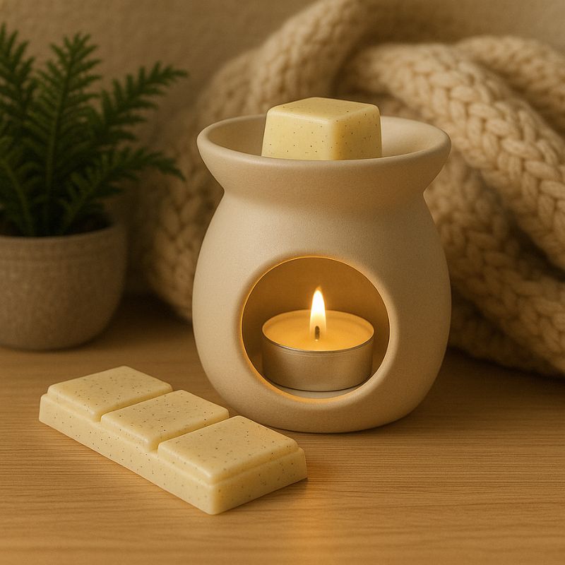 Fondant Parfumé Bûche de Noël Snapbar, une partie du fondant est dans le brûleur et l'autre partie est posée sur la table en bois. Ambiance cosy.