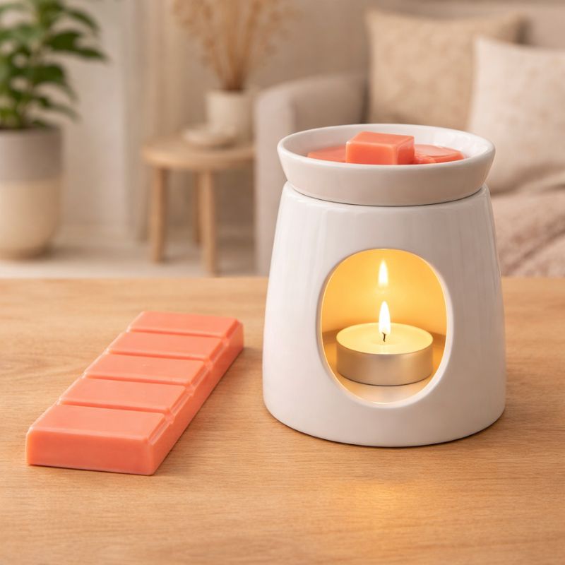 Fondant Parfumé Clémentine Monoï Snapbar dans brûle parfum avec bougie ambiance douce et relaxante décoration intérieure.