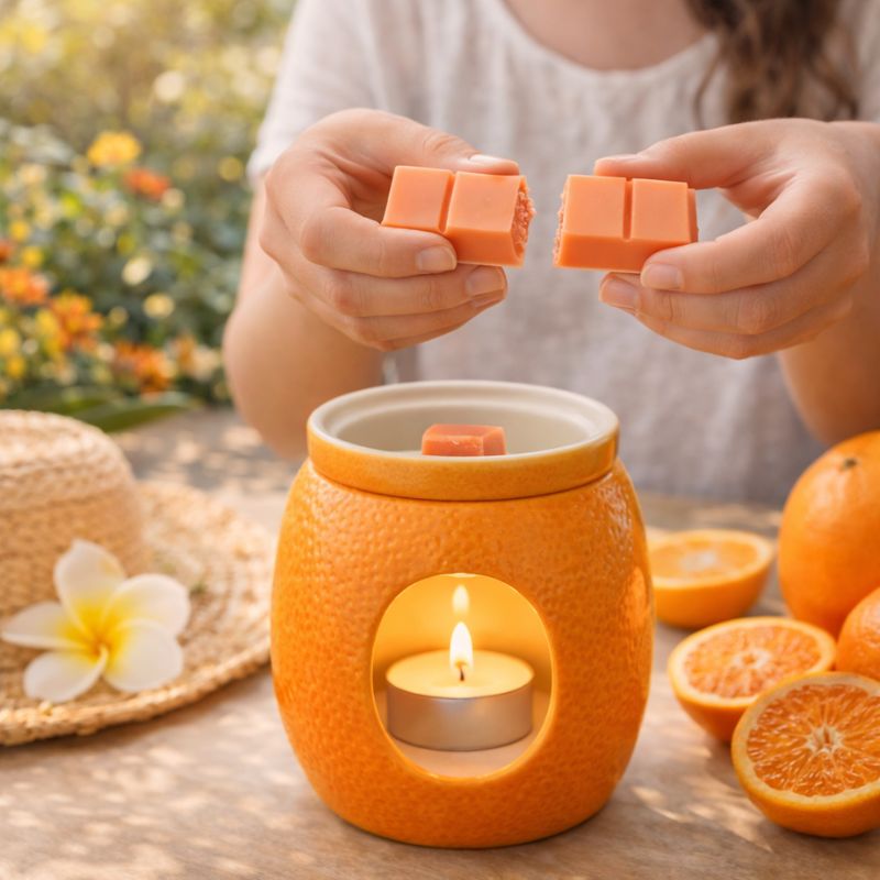 Fondant Parfumé Clémentine Monoï Snapbar cassé à la main au-dessus d’un brûle parfum ambiance estivale aux agrumes et fleurs exotiques.