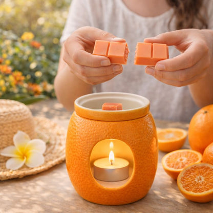 Fondant Parfumé Clémentine Monoï Snapbar cassé à la main au-dessus d’un brûle parfum ambiance estivale aux agrumes et fleurs exotiques.