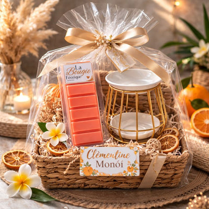 Fondant Parfumé Clémentine Monoï Snapbar en coffret cadeau avec brûle parfum décoration élégante ambiance exotique et lumineuse.