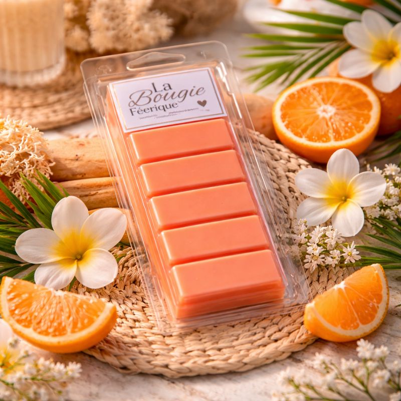 Fondant Parfumé Clémentine Monoï Snapbar en packaging avec oranges fleurs exotiques et décoration estivale ambiance fraîche et parfumée.