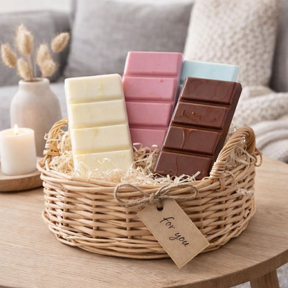 Fondant Parfumé Cola Snapbar, il y a plusieurs couleurs de fondants parfumés dans une panière, elle est posée sur une table en bois dans une ambiance bohème.