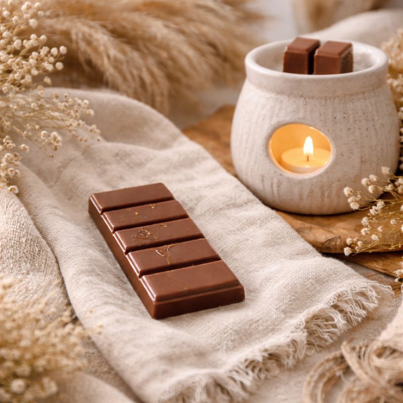 Fondant Parfumé Cola Snapbar, la barre est posée sur une étoffe en lin, il y a un brûleur a coté avec un peu de fondant à l’intérieur. Ambiance bohème.