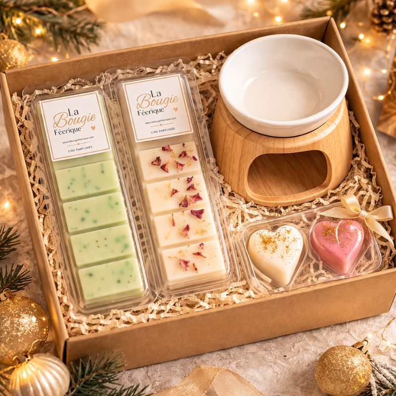 Fondant Parfumé Concombre Frais Snapbar vert en coffret cadeau avec brûle parfum et fondants décoratifs ambiance fraîche et élégante décoration intérieure.