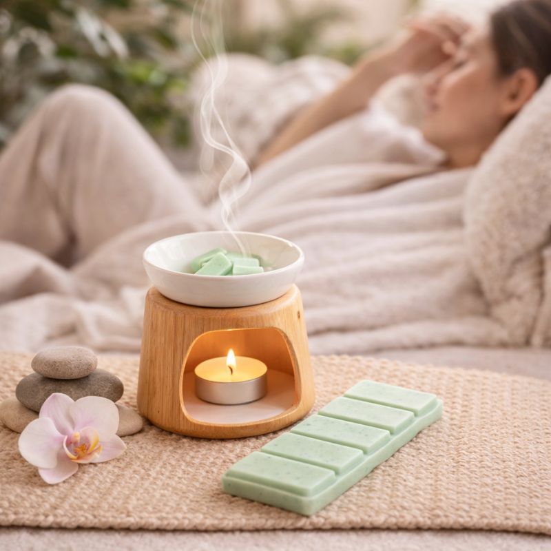 Fondant Parfumé Concombre Frais Snapbar diffusé dans brûle parfum ambiance cocooning avec vapeur parfumée et décoration apaisante à la maison.