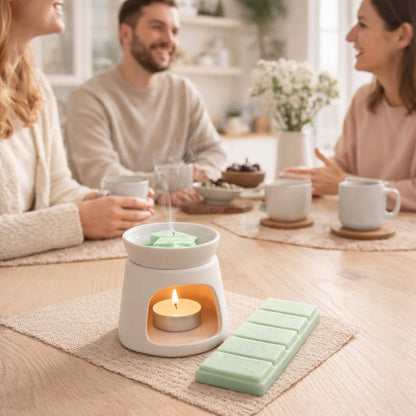 Fondant Parfumé Concombre Frais Snapbar diffusé dans brûle parfum blanc ambiance conviviale et fraîche autour d’un moment partagé à la maison.